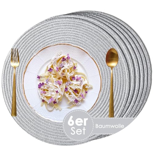 wiipara 6er Set Runde Tischsets Abwaschbar, 38cm Platzsets Rund Geflochtene Platzdeckchen Platzset Rund Tischuntersetzer Platzteller Hitzebeständig für Küche Speisetisch Hochzeit - Platzset Silber von wiipara