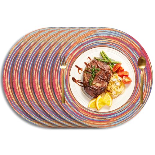 wiipara 6er Set Baumwolle Tischsets Abwaschbar, 38cm Platzsets Rund Geflochtene Platzdeckchen Platzset Rund Tischuntersetzer Platzteller Hitzebeständig für Küche Speisetisch Hochzeit - Regenbogen Rot von wiipara