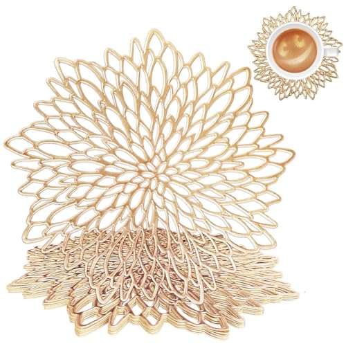 wiipara 8er Set Platzsets Tischsets Abwaschbar, Moderne PVC Platzdeckchen Rund, Weihnachten Dekorative Tischunterlage Esstisch Platzteller Platzset Rund für Zuhause Hochzeit (Gold, mit Untersetzer) von wiipara
