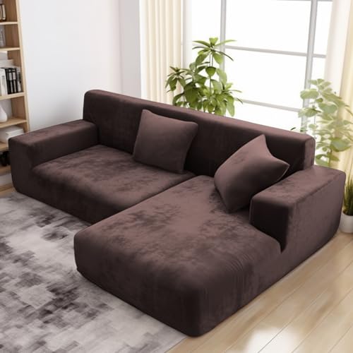 wiipara Dicker Samt Sofabezug L Form, Stretch Couch Überzug Universal Sofa Cover, Super Weich Plüsch Sofa Überzug Luxus Couchbezug（L-Form Ecksofa erfordert Zwei）- Sofabezug 1 Sitzer, Braun von wiipara