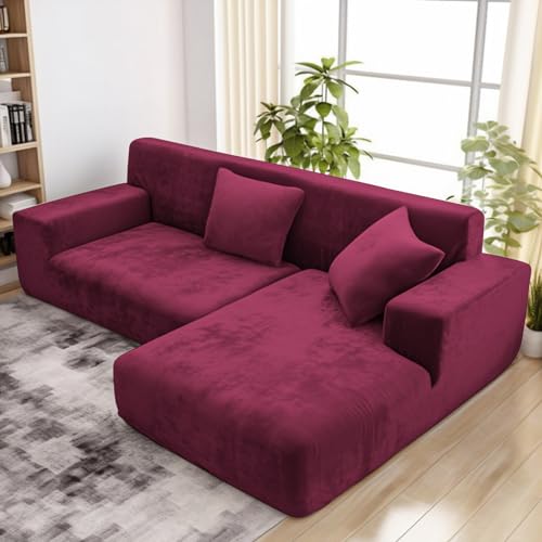 wiipara Dicker Samt Sofabezug L Form, Stretch Couch Überzug Universal Sofa Cover, Super Weich Plüsch Sofa Überzug Luxus Couchbezug（L-Form Ecksofa erfordert Zwei）- Sofabezug 1 Sitzer, Rot von wiipara