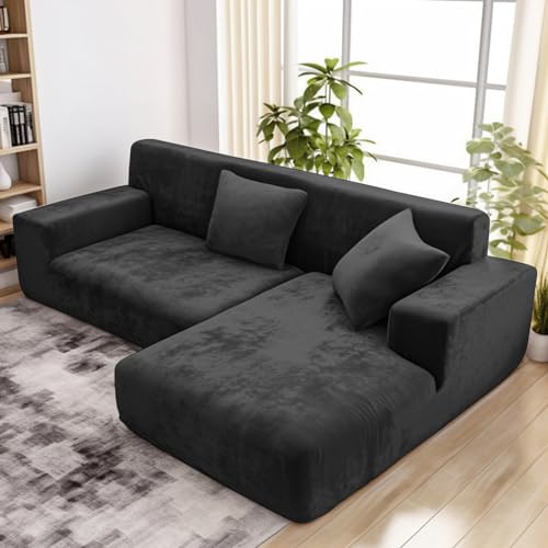 wiipara Dicker Samt Sofabezug L Form, Stretch Couch Überzug Universal Sofa Cover, Super Weich Plüsch Sofa Überzug Luxus Couchbezug（L-Form Ecksofa erfordert Zwei）- Sofabezug 1 Sitzer, Schwarz von wiipara