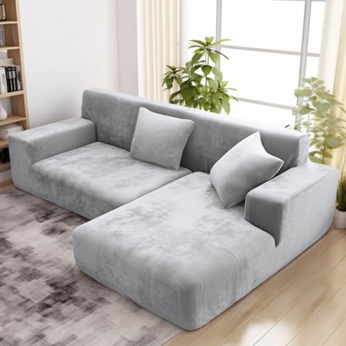 wiipara Dicker Samt Sofabezug L Form, Stretch Couch Überzug Universal Sofa Cover, Super Weich Plüsch Sofa Überzug Luxus Couchbezug（L-Form Ecksofa erfordert Zwei）- Sofabezug 1 Sitzer, Silbergrau von wiipara