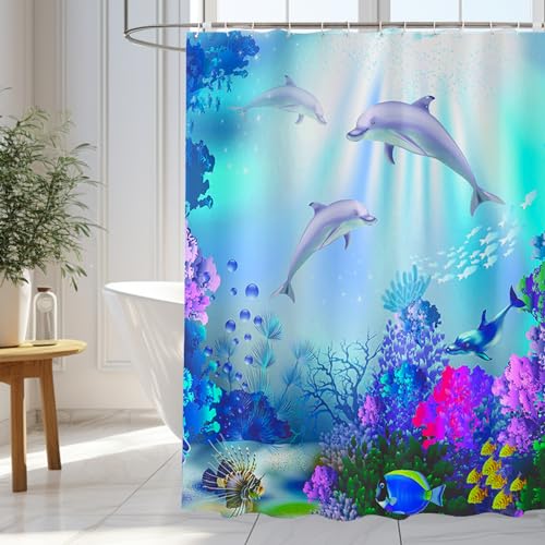 wiipara Duschvorhang 180x180cm, Wasserfeste Duschvorhänge Blau Delphin Shower Curtains Polyester Bad Vorhang, Waschbar Badzimmer Badewanne Vorhang Duschvorhang Anti Schimmel mit 12 Duschvorhangringe von wiipara