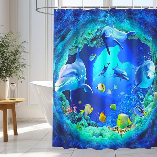 wiipara Duschvorhang 180x180cm, Wasserfeste Duschvorhänge Blau Delphin Shower Curtains Polyester Bad Vorhang, Waschbar Badzimmer Badewanne Vorhang Duschvorhang Anti Schimmel mit 12 Duschvorhangringe von wiipara