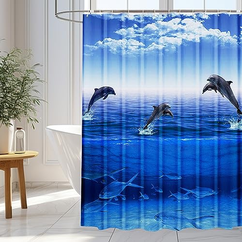 wiipara Duschvorhang 180x180cm, Wasserfeste Duschvorhänge Blau Delphin Shower Curtains Polyester Bad Vorhang, Waschbar Badzimmer Badewanne Vorhang Duschvorhang Anti Schimmel mit 12 Duschvorhangringe von wiipara