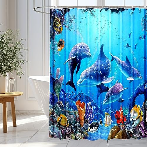 wiipara Duschvorhang 180x180cm, Wasserfeste Duschvorhänge Blau Delphin Shower Curtains Polyester Bad Vorhang, Waschbar Badzimmer Badewanne Vorhang Duschvorhang Anti Schimmel mit 12 Duschvorhangringe von wiipara