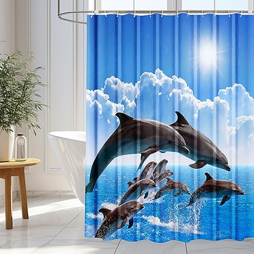 wiipara Duschvorhang 180x180cm, Wasserfeste Duschvorhänge Blau Delphin Shower Curtains Polyester Bad Vorhang, Waschbar Badzimmer Badewanne Vorhang Duschvorhang Anti Schimmel mit 12 Duschvorhangringe von wiipara