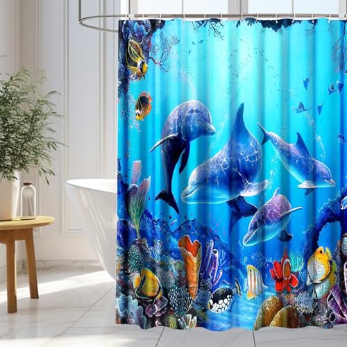 wiipara Duschvorhang 180x200cm, Wasserabweisende Duschvorhänge Blau Delphin Shower Curtains Bad Vorhang, Waschbar Badzimmer Badewanne Vorhang Duschvorhang Anti Schimmel mit 12 Duschvorhangringe von wiipara