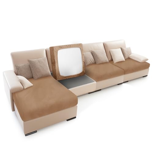 wiipara Sofa Sitzkissenbezug Samt Stretch Sofabezug L Form Sofa Überzug, Universal Sofa Couch Seat Cover Sofaüberwürfe Schonbezug Sofa Überwurfdecke für Sitzkissen Möbelschutz (2 Sitzer, Khaki) von wiipara