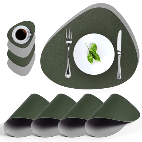 wiipara Tischsets Platzsets Abwaschbar Oval 4er Set Weihnachts Tischset Leder mit Untersetzer, Platzdeckchen Abwaschbar Untersetzer Teller Platzset Rund Lederoptik rutschfest für Küche (Grau＆Grün) von wiipara