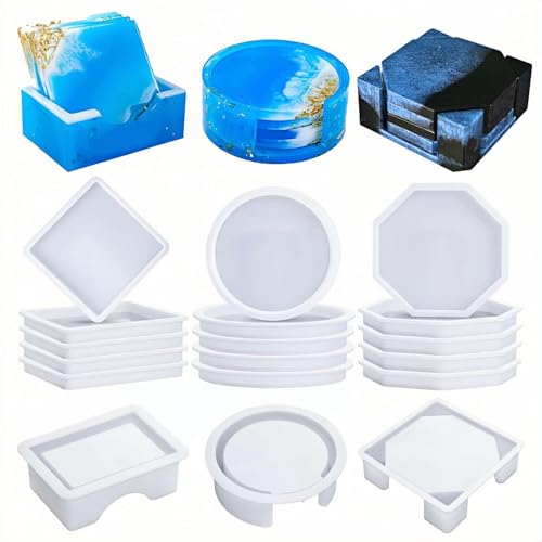 WIKIMO 15 Stück Silikonformen Gießformen für Untersetzer, Epoxidharz Formen, Gießformen Silikon, Silikonform Untersetzer rund Quadrate, Polygone von wikimo
