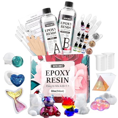 WIKIMO Epoxidharz 946ml/32oz, Transparent 1: 1-Verhältnis Epoxidharz Set Anfänger mit Silikonformen und Zubehör, Epoxy Resin, Gießharz, für Holz, Künstlerische Kreationen, Restauration von wikimo