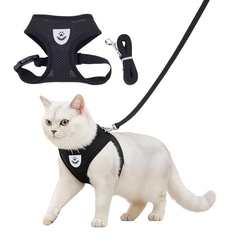 wilcractk Katzengeschirr Ausbruchsicher mit Leine für Katzen, Atmungsaktives Polyester Brustgeschirr Set, Reflektierend & Verstellbar Katzengeschirr mit Leine für Outdoor, Schwarz Größe S von wilcractk