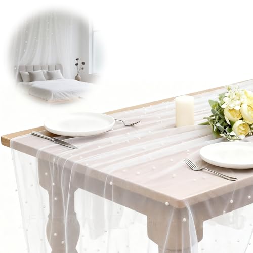 wilcractk Tischläufer Tüll mit Perlen, 80 x 200 cm Tischdecke aus Perlenspitze Weich Stoff aus Perlentüll, Tüllstoff für Festliche Tischdekoration bei Hochzeiten, Feiern und Empfängen (Weiß) von wilcractk