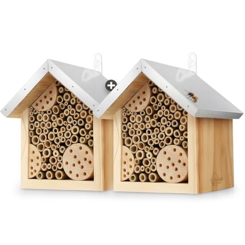 WILDLIFE HOME Bienenhotel - 2er Set mit Metalldach, Wildbienen Insektenhotel, Fertig montiert aus Kiefernholz & 100% Wetterfest - Unbehandelt Nisthilfe für Bienen, 2 Stück von wildlife home