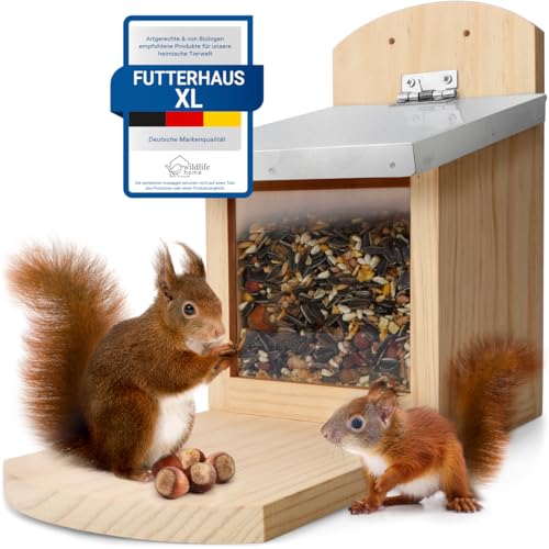 WILDLIFE HOME Eichhörnchen Futterhaus XL mit Metalldach I Futterstation aus verschraubtem Massiv-Holz I Wetterfest & Unbehandelt I Eichhörnchenhaus für Eichhörnchenfutter von wildlife home