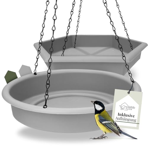 WILDLIFE HOME 2er Set Vogelfutterspender zum Aufhängen, Grau I Winterfest, XL Futterstation Vögel groß Garten Balkon - Vogeltränke frostsicher hängend für Wildvögel im Garten von wildlife home