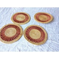 Satz Von Stroh Untersetzer Rot Sonnenschein Sonnenblume 70Er 4 Korb Schulterpolster Küche Esszimmer Einrichtung Hippie Boho 7" von wildlilymercantile