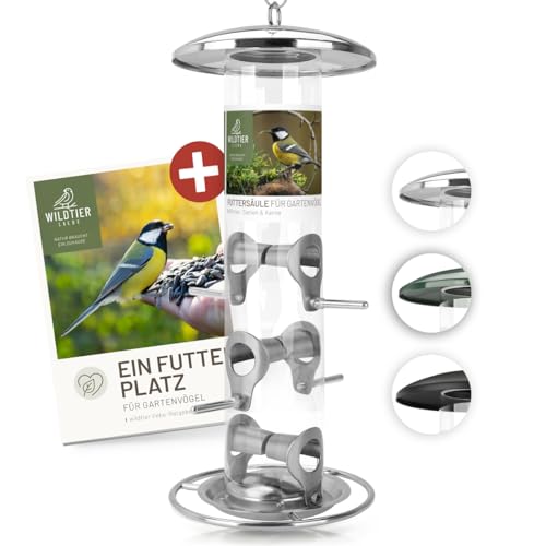 wildtier liebe Körner Futtersäule, Vogelfutterspender 35cm, Silber - aus rostfreiem Edelstahl I Vogel-Futterstation, Vogelfutter-Säule, Wildvögel Futtersilo I Ganzjährige Vogelfütterung von wildtier liebe