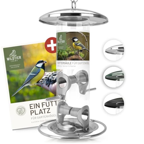 wildtier liebe Körner Futtersäule, Vogelfutterspender 26cm, Silber - aus rostfreiem Edelstahl I Vogel-Futterstation, Vogelfutter-Säule, Wildvögel Futtersilo I Ganzjährige Vogelfütterung von wildtier liebe