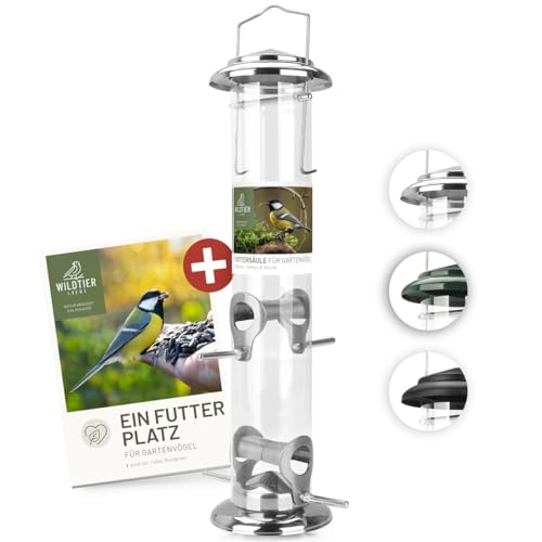 wildtier liebe Körner Futtersäule, Vogelfutterspender 38cm, Silber - aus rostfreiem Edelstahl I Vogel-Futterstation, Vogelfutter-Säule, Wildvögel Futtersilo I Ganzjährige Vogelfütterung von wildtier liebe
