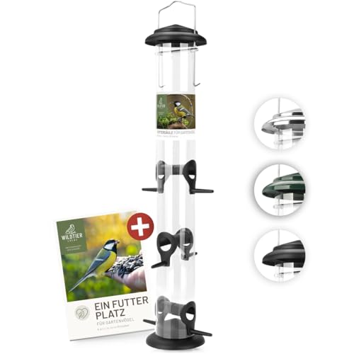 wildtier liebe Körner Futtersäule, Vogelfutterspender 52cm, Schwarz - aus rostfreiem Metall I Vogel-Futterstation, Vogelfutter-Säule, Wildvögel Futtersilo I Ganzjährige Vogelfütterung von wildtier liebe