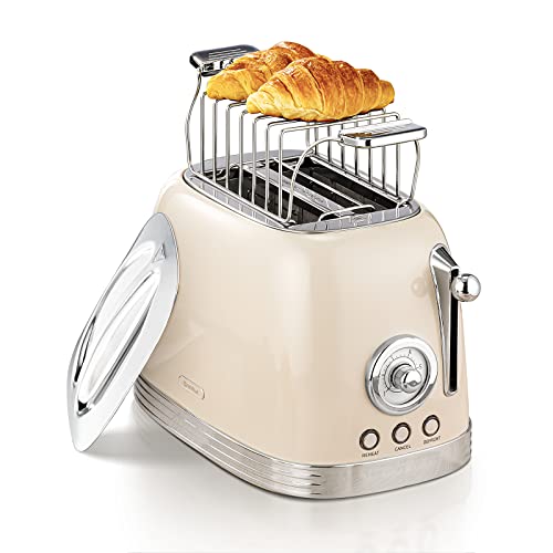 Wiltal Toaster 2 Scheiben, Retro, mit Brötchenaufsatz, mit Deckel aus Edelstahl, Vorheiz-, Auftau- und Abbruchfunktion, Countdown-Timer-Anzeige, Schnell-Toaster(Cremeweiß) von wiltal