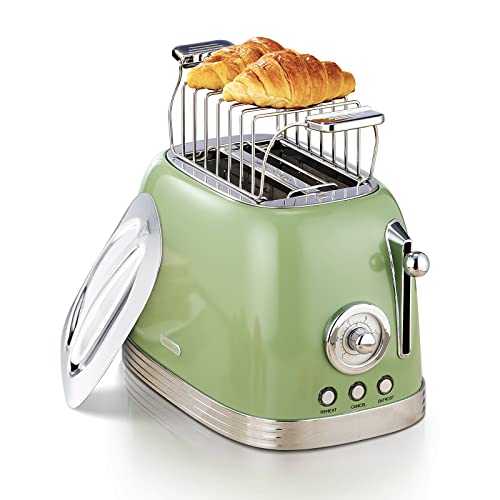 Wiltal Toaster 2 Scheiben, Toaster Retro, Toaster mit Brötchenaufsatz, Toaster mit Deckel aus Edelstahl, Vorheiz-, Auftau- und Abbruchfunktion, Countdown-Timer-Anzeige, Schnell-Toaster(Grün)… von wiltal