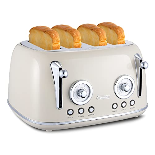 Wiltal Toaster 4 Scheiben, Toaster Langschlitz, Edelstahl Gehäuse, mit Integrierten Brötchenaufsatz, Mit Deckel, Bräunungsgrad 1-6, Abtauen Funktion, Krümelschublade, Retro Toaster, Creme Weiß von wiltal