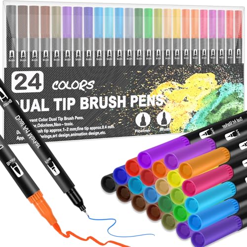 Dual Brush Pen Set, Stifte Filzstifte Kinder 24 Farben Pinselstifte Filzstifte Dicke und Dünne Coloring Pens Doppelfasermaler Filsstifte für Aquarell Marker 0.4 mm Fineliner und 1-2 mm Fasermaler von winbest