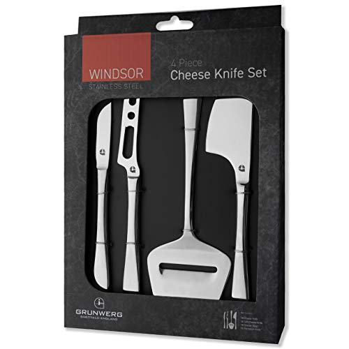 Windsor 4er Set von Käsemessern aus Edelstahl 18/0 – Hochglanzpoliert, Geschenkbox, hängend, gemischte Besteckset, Silber von Grunwerg