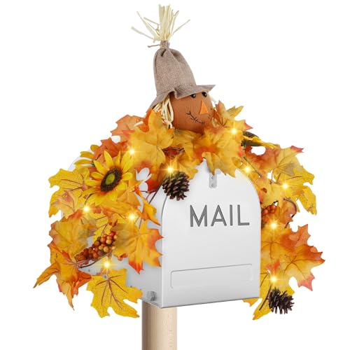 winemana 80 cm Herbstgirlande für Haustür mit LED-Lichtern – Herbst-Vogelscheuche & Sonnenblumen-Briefkasten-Girlande, Erntedank-Girlande mit Ahornblättern, Beeren und Tannenzapfen für Zuhause, 8 von winemana