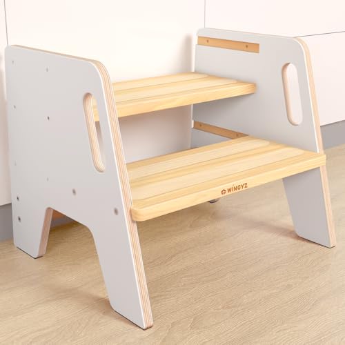 WINGYZ Tritthocker Kinder 2 Stufen aus Holz Zweistufiger Hocker mit 2 verstellbaren Höhen, 2 Griffen & Anti-Rutsch Pads, tragbar Kinderhocker für Badezimmer, Küche & Waschbecken ab 2 Jahren(Weiß) von wingyz
