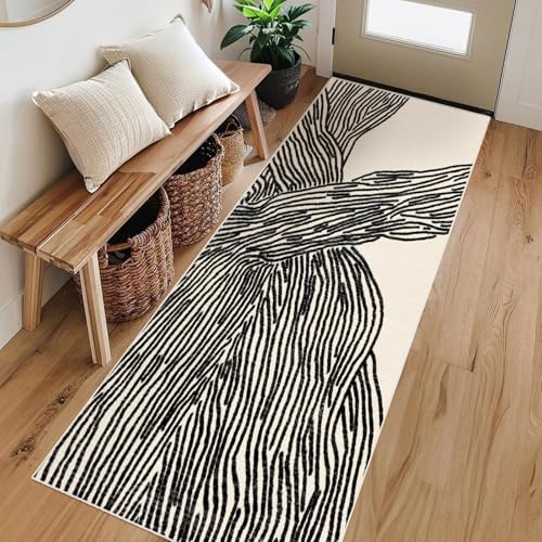 Läufer für Flur, waschbar, modern, niedriger Flor, stark frequentiert, weich, zeitgenössisch, gestreift, kleiner Teppich für Küche, Waschküche, Flur und Schlafzimmer, rutschfest, Linien, Schwarz und von winolive
