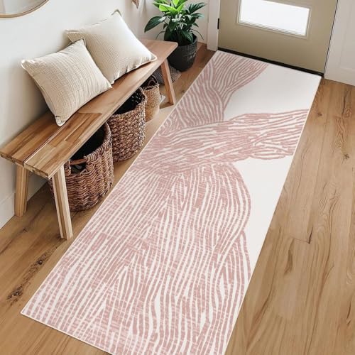 Läufer für Flur, waschbar, modern, niedriger Flor, stark frequentiert, weich, zeitgenössisch, gestreift, kleiner Teppich für Küche, Waschküche, Flur und Schlafzimmer, rutschfest, Linien, Rosa von winolive