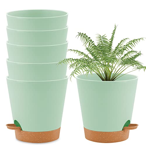 wintfarm Blumentopf,16,5cm 6er Set Pflanztopf mit Bewässerungssystem, Selbstbewässernder Übertopf mit Untersetzer,pflanzkübel Indoor Plants Pot, Blumentöpfe Set Ideal für Innen und Balkongärten(Grün) von wintfarm