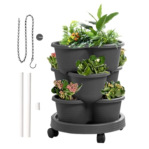 wiroouia Vertikaler Pflanzkasten,Stapelbarer Pflanzkübel | 3-Stufiger Turm Mit Abnehmbaren Rädern Für Blumen Gemüse Erdbeeren Innenbereich Küche Garten Balkon Terrasse von wiroouia