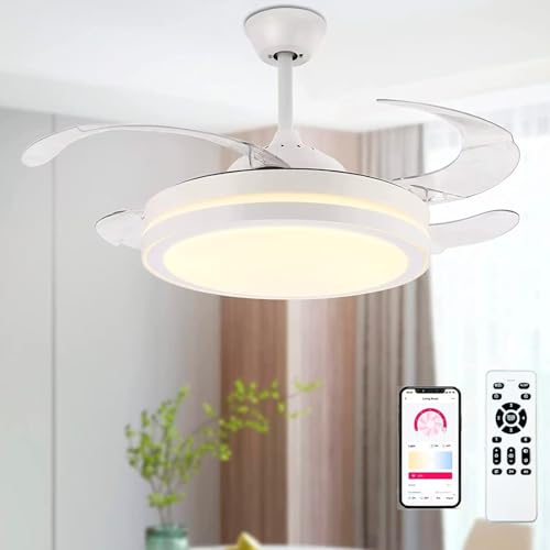 wisdom line Deckenventilator, einziehbar, 107 cm, LED-Lampe mit Fernbedienung, 3 Farbtemperaturen mit Speicherfunktion, DC-Motor für Schlafzimmer und Wohnzimmer von wisdom line