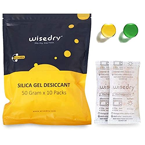 wisedry 50 Gramm [10 Packungen] Silicagel Beutel Kieselgel Mikrowelle Regenerierbar Sie Trockenmittel Beutel mit indikator für Schrankwaffensafes Badezimmer Lebensmittelqualität von wisedry