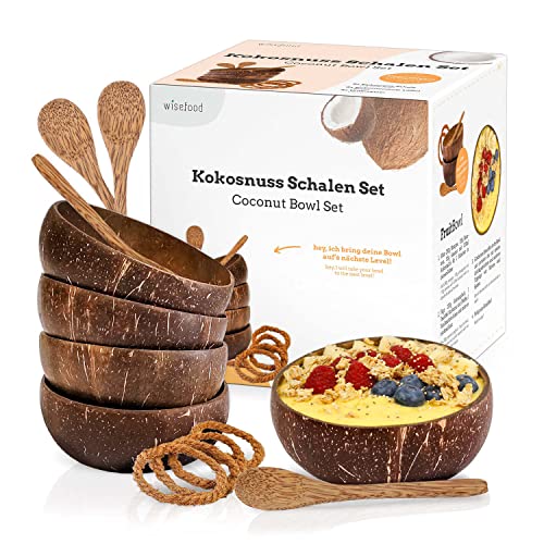 wisefood Kokosnuss Schale - 4er Set Coconut Bowls - Nachhaltige Kokos Schüssel mit vier Löffeln - Ideal für Smoothie- oder Buddha Bowls - 100% Natürlich und Biologisch abbaubar von wisefood