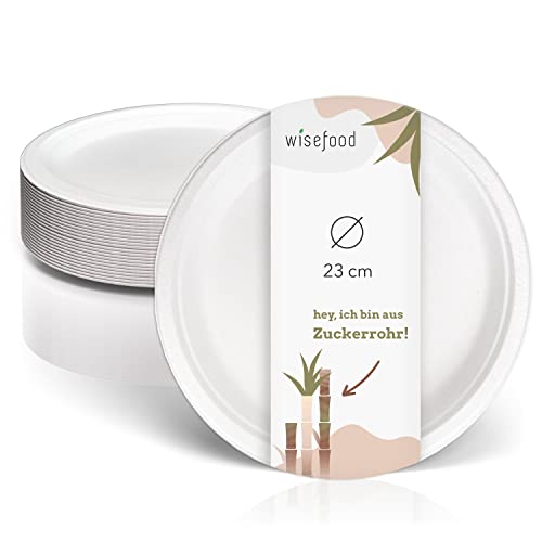 wisefood Zuckerrohr Teller - 50 Stück flache Bagasse Einwegteller rund weiß ∅ 23cm - Einmal Pappteller ideal als Partyteller oder Speiseteller - Nachhaltiges Zuckerrohr Geschirr ohne PLA/PE von wisefood