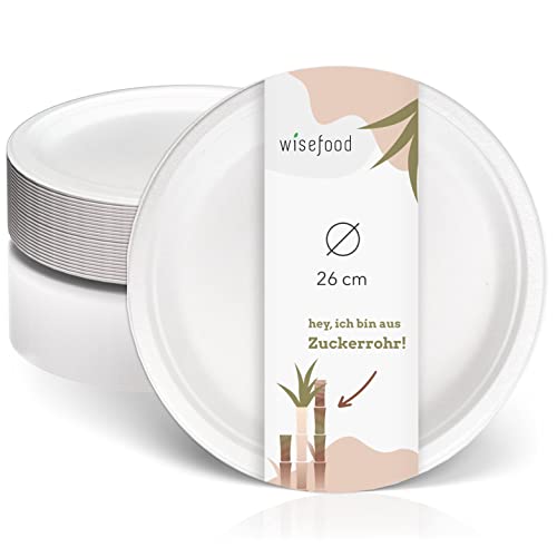 wisefood Zuckerrohr Teller - 50 Stück flache Bagasse Einwegteller rund weiß ∅ 26cm - Einmal Pappteller ideal als Partyteller oder Speiseteller - Nachhaltiges Zuckerrohr Geschirr ohne PLA/PE von wisefood