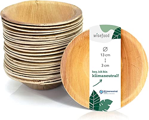 Wiseware Palmblatt Schale Ø 13 cm – 25 Stück Einweg-Schüsseln rund 300 ml – biologisch abbaubares Palmblattgeschirr – kompostierbare Einwegschalen – nachhaltiges Bio Partygeschirr von wisefood
