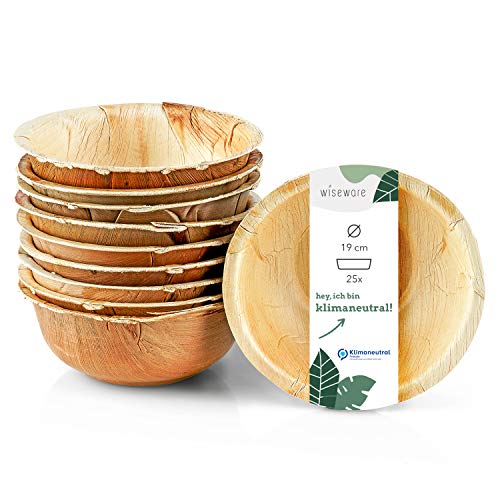 Wiseware Palmblatt Schale - 25 Stück Einweg-Schüssel rund 750ml Ø 19 cm - biologisch abbaubares Palmblattgeschirr - kompostierbares Partygeschirr - Bio Einweggeschirr von wisefood