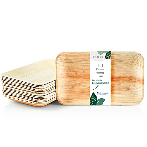 Wiseware Palmblatt Teller - 100 Stück Einwegteller rechteckig 23 x 16 cm - biologisch abbaubares Palmblattgeschirr - kompostierbares Partygeschirr - Bio Einweggeschirr von wisefood