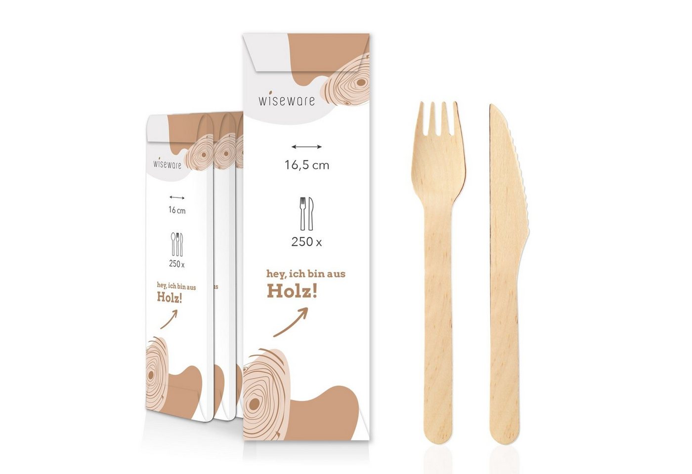 wisefood Einwegbesteck-Set Besteckset aus Holz Gabel und Holz Messer einzeln (250-tlg), Holz von wisefood