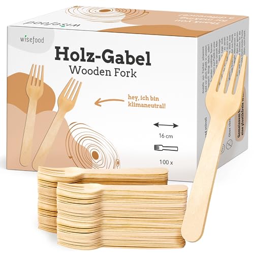 wisefood Einweggabeln aus Birkenholz, 100 Stück Holzgabeln Einweg 16cm, Biologisch abbaubares und stabiles Einwegbesteck, Holzgabel, Gabeln Einweg von wisefood