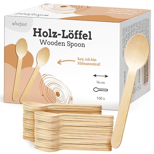 wisefood Einweglöffel aus Birkenholz, Einweg Holzlöffel 16cm flach, Biologisch abbaubares Einwegbesteck, Holzbesteck, Einweg Löffel, Holz Löffel (100 Stück) von wisefood