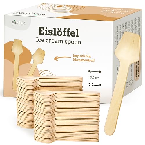 wisefood Eislöffel aus Holz - 500 Stück Einweglöffel 9,5 cm - biologisch abbaubare Dessertlöffel - natürlich, stabil, umweltfreundlich - Minilöffel für Eisbecher von wisefood